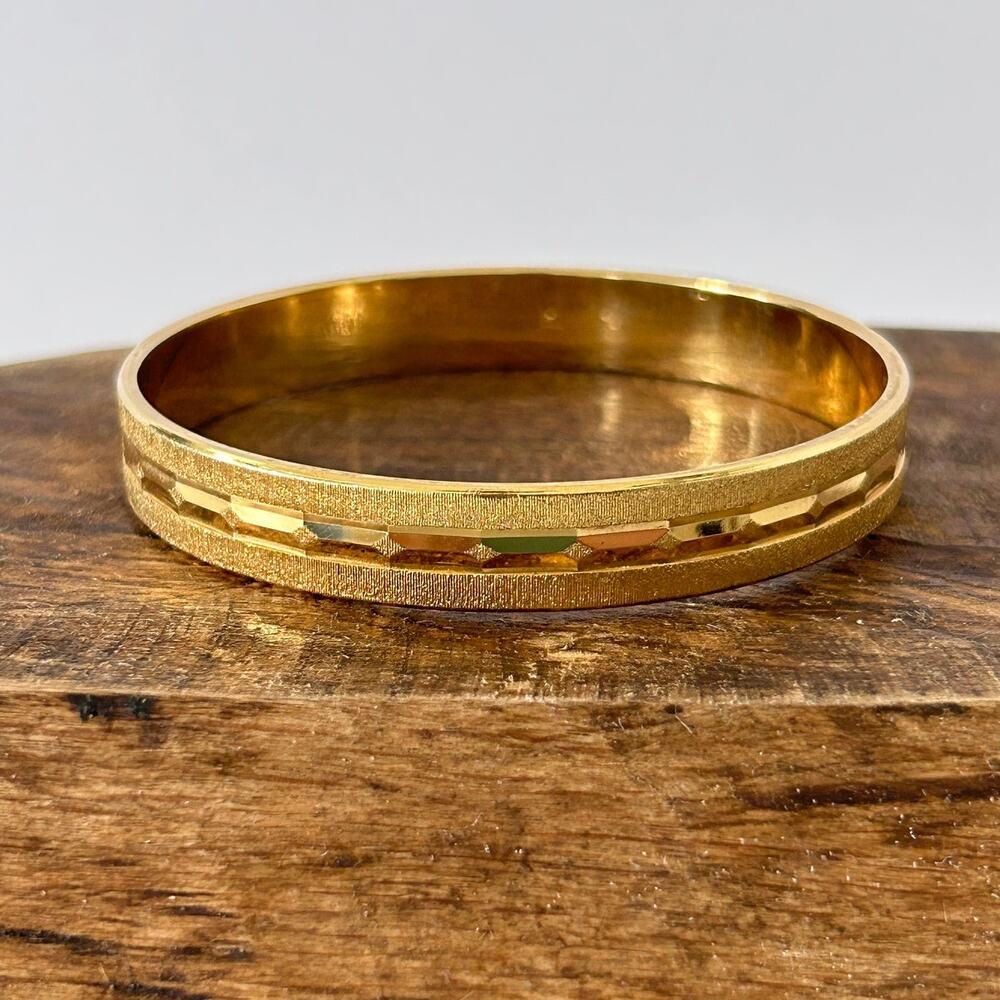 Vintage Monet Bangle Bracelet Gold-tone Etched 8.5" Retro Costume High Fashion